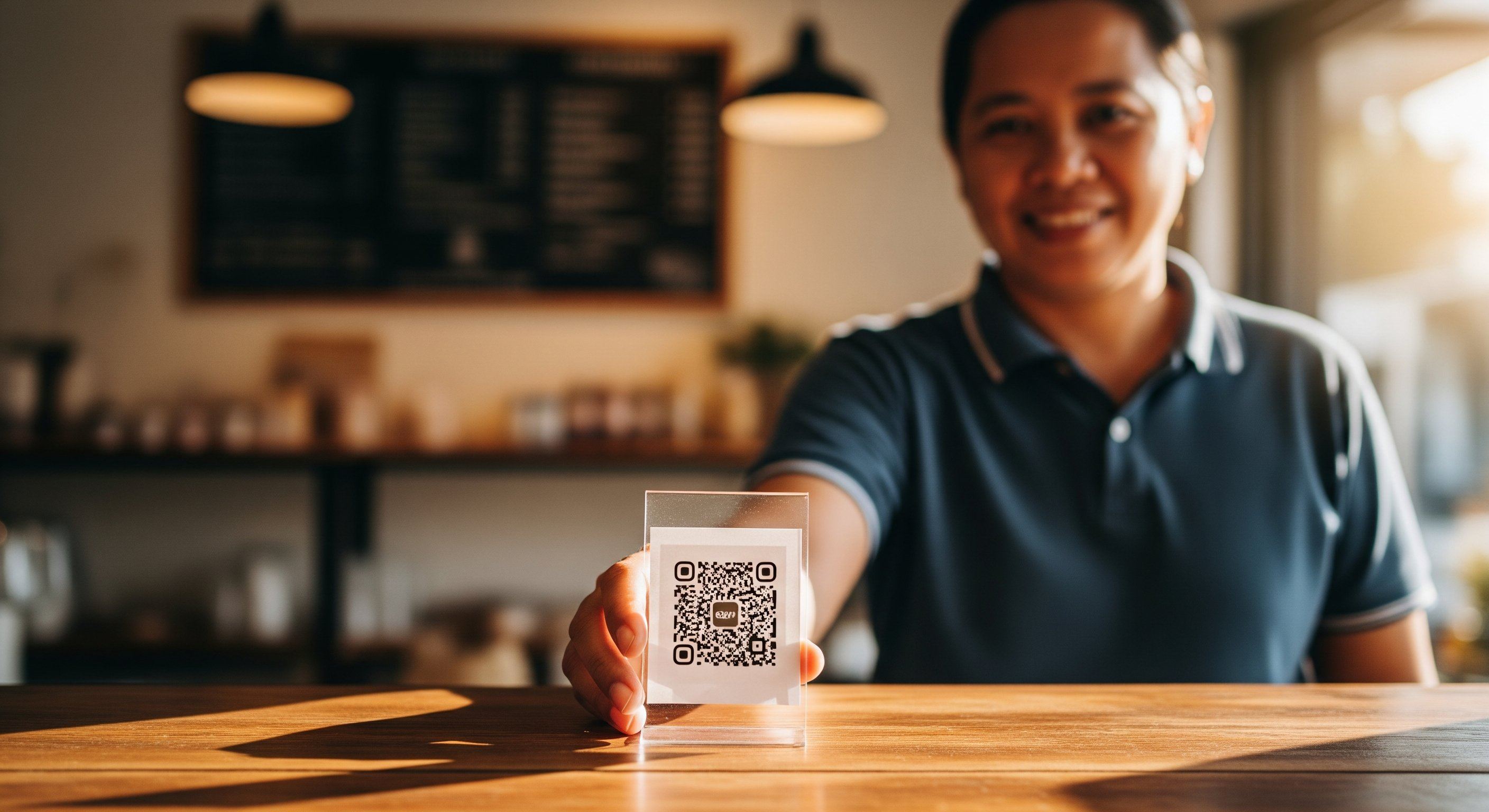 A merchant placing a CocoSend QR standee on their counter